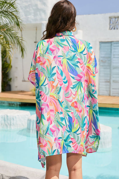 Plant Print Button-Up Half Sleeve Beach Cover Up | Multicolour