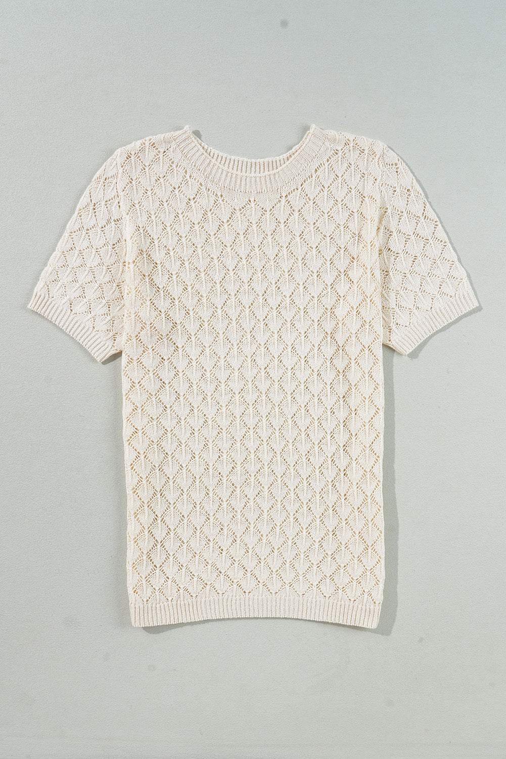 Hollow Out Crochet O Neck Short Sleeve Sweater Tee | Beige