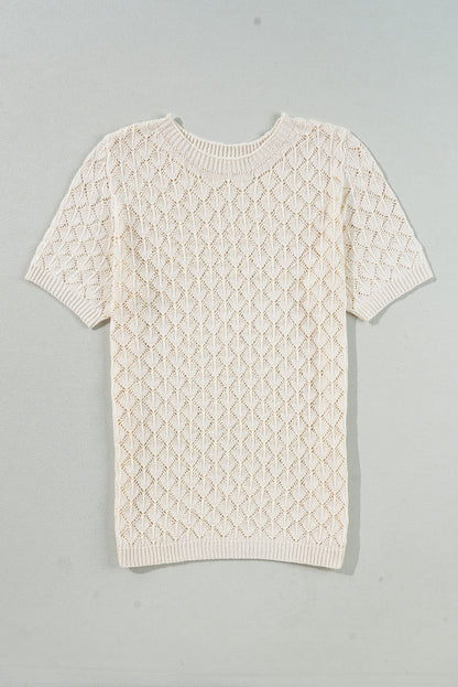 Hollow Out Crochet O Neck Short Sleeve Sweater Tee | Beige