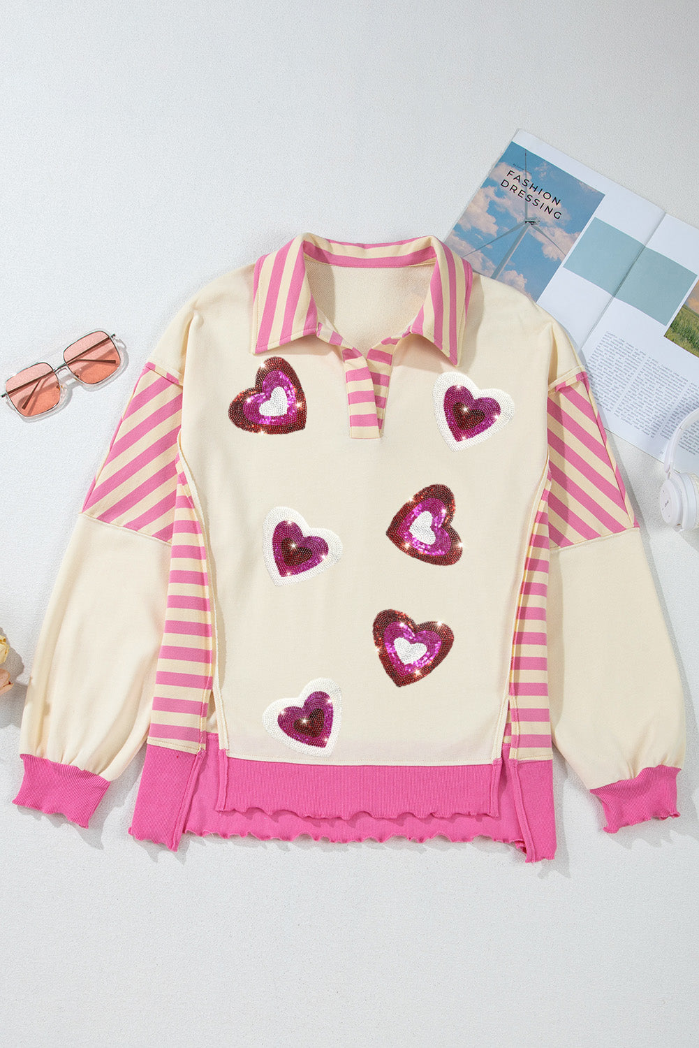 Patchwork Sequin Heart Pattern Long Sleeve Collared Split Top | Pink Stripe