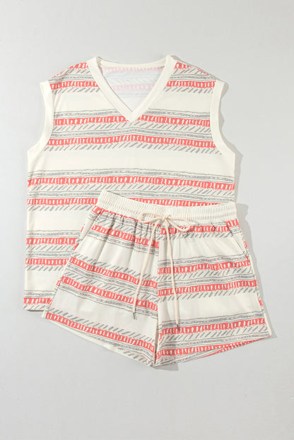 Western Striped Print Casual Tank 2 Piece Outfit | Beige