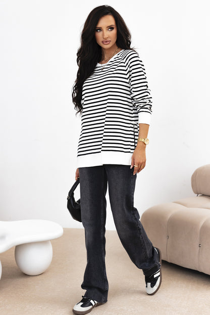 Raglan Sleeve Side Slits Loose Sweatshirt | Black Stripe