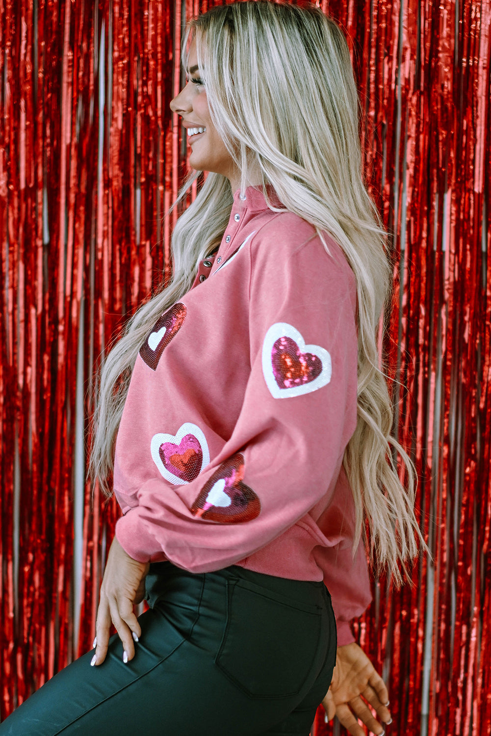 Mineral Wash Sequin Heart Snap Buttons Collared Sweatshirt | Pink