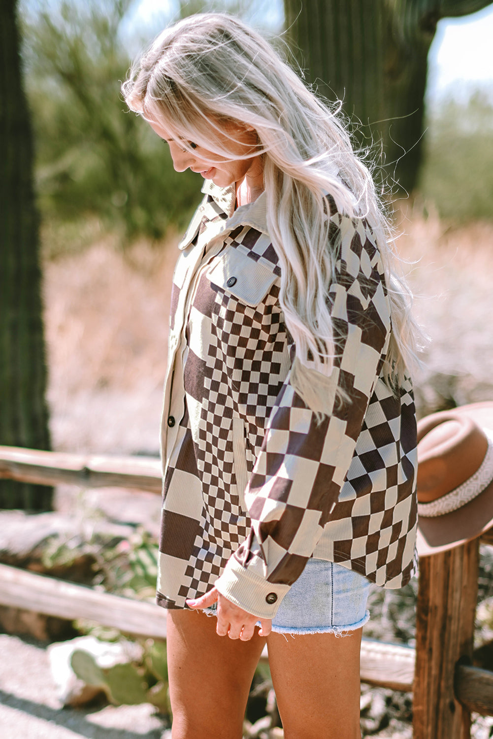 Checkered Print Patchwork Corduroy Shacket | Brown