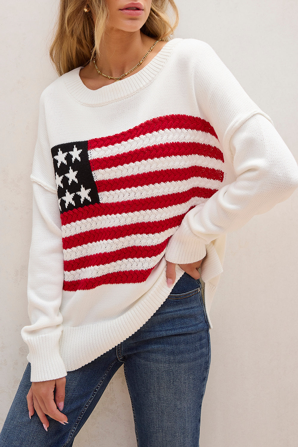 American Flag Cable Knit Drop Shoulder Sweater | White