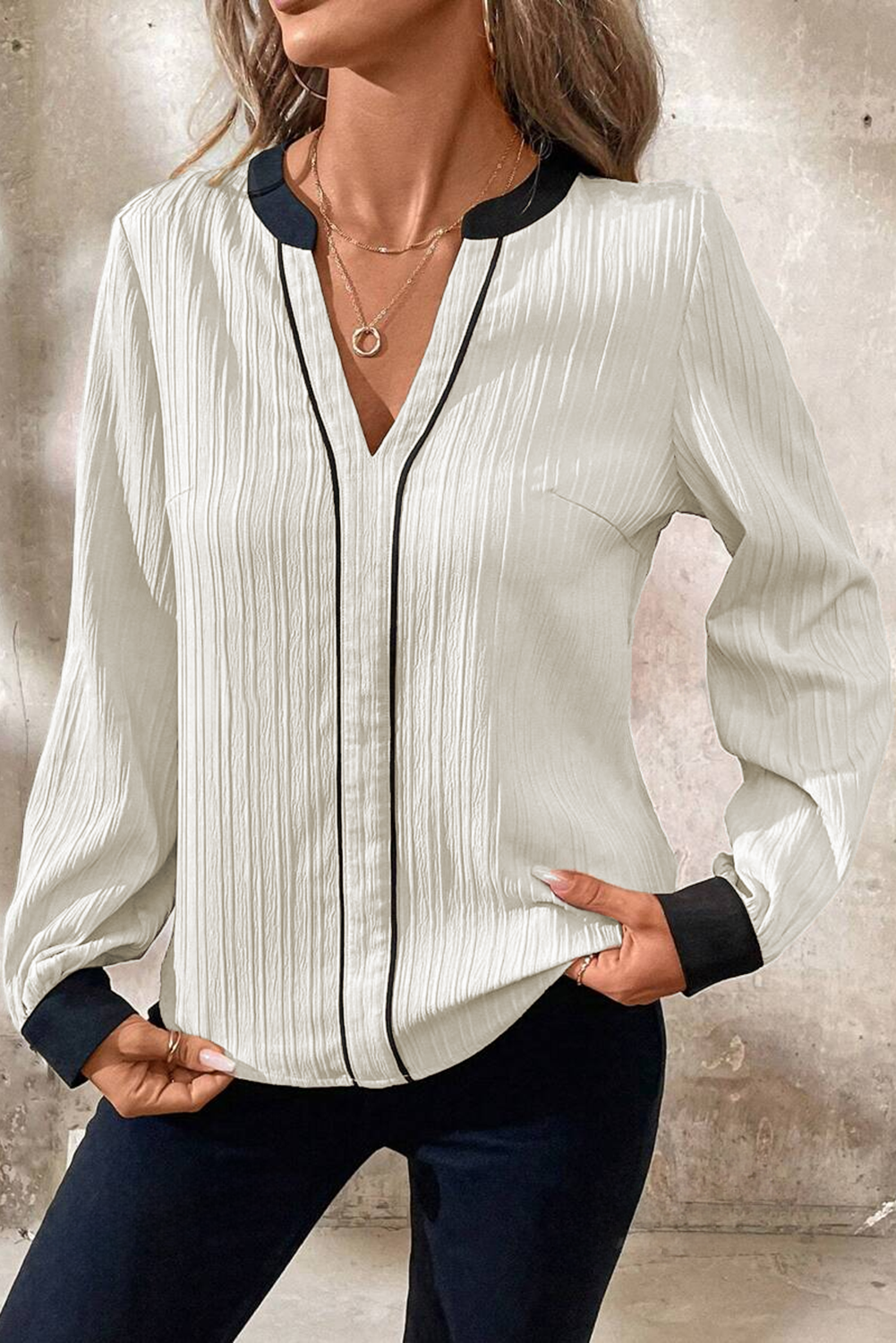 Textured Colourblock V Neck Elegant Blouse | White