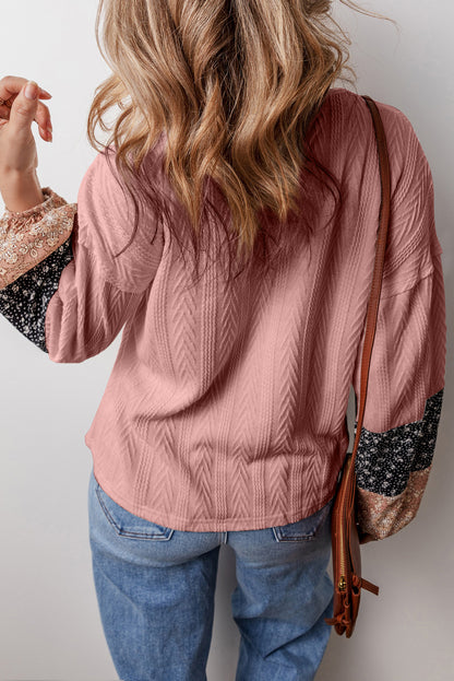 Floral Patchwork Textured Knit Drawstring V Neck Blouse | Dusty Pink