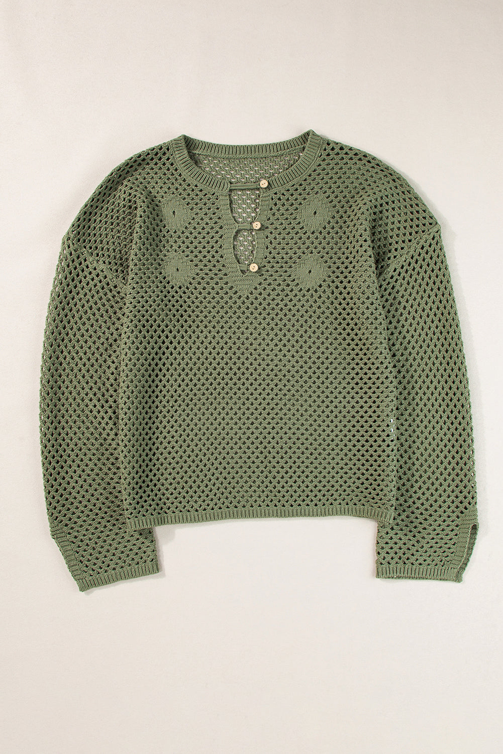 Open Knit Buttoned Neck Split Sleeve Sweater | Vineyard Green