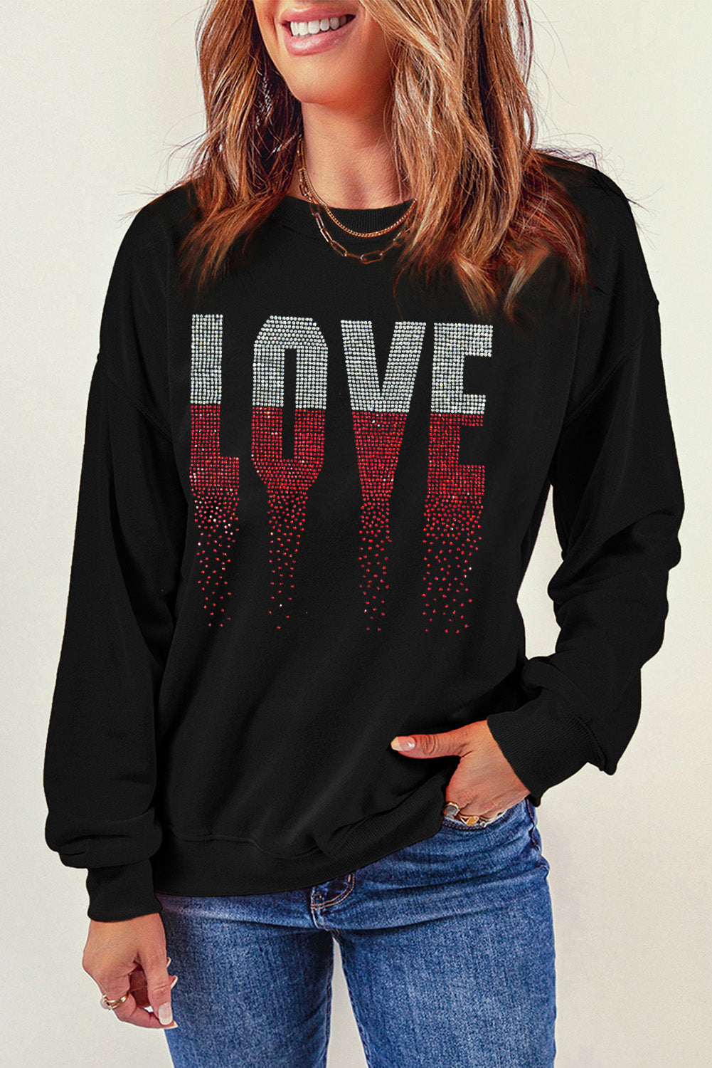 Rhinestone Love Graphic Crewneck Valentines Sweatshirt | Black