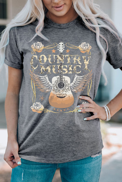 Country Music Guitar Graphic Print Crew Neck T Shirt | Gray