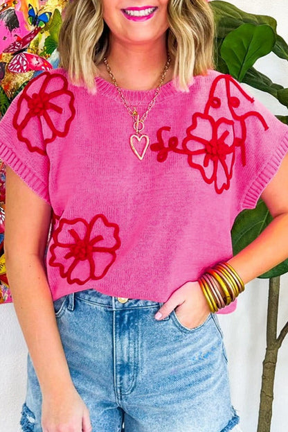 Flower Embroidery Short Sleeve Knitwear Top | Bright Pink