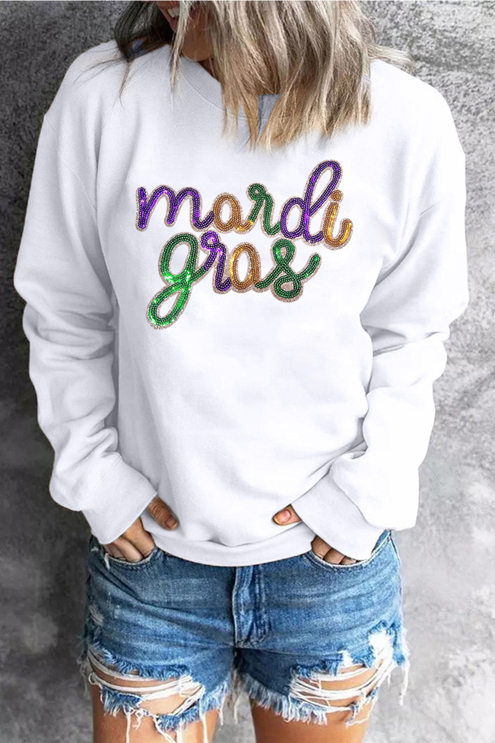 Sequined Mardi Gras Graphic Crew Neck Drop Shoulder Sweatshirt | White