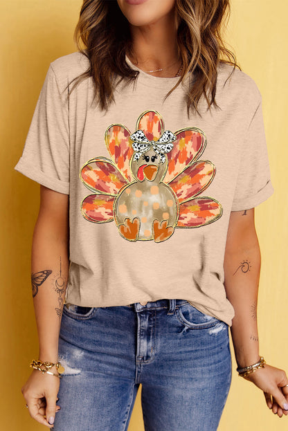 Thanksgiving Bowknot Turkey Graphic Crewneck Tee | Khaki