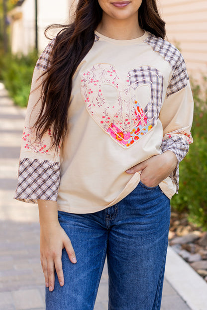 Plaid Floral Peace Heart Graphic Wide Long Sleeve Top | Beige