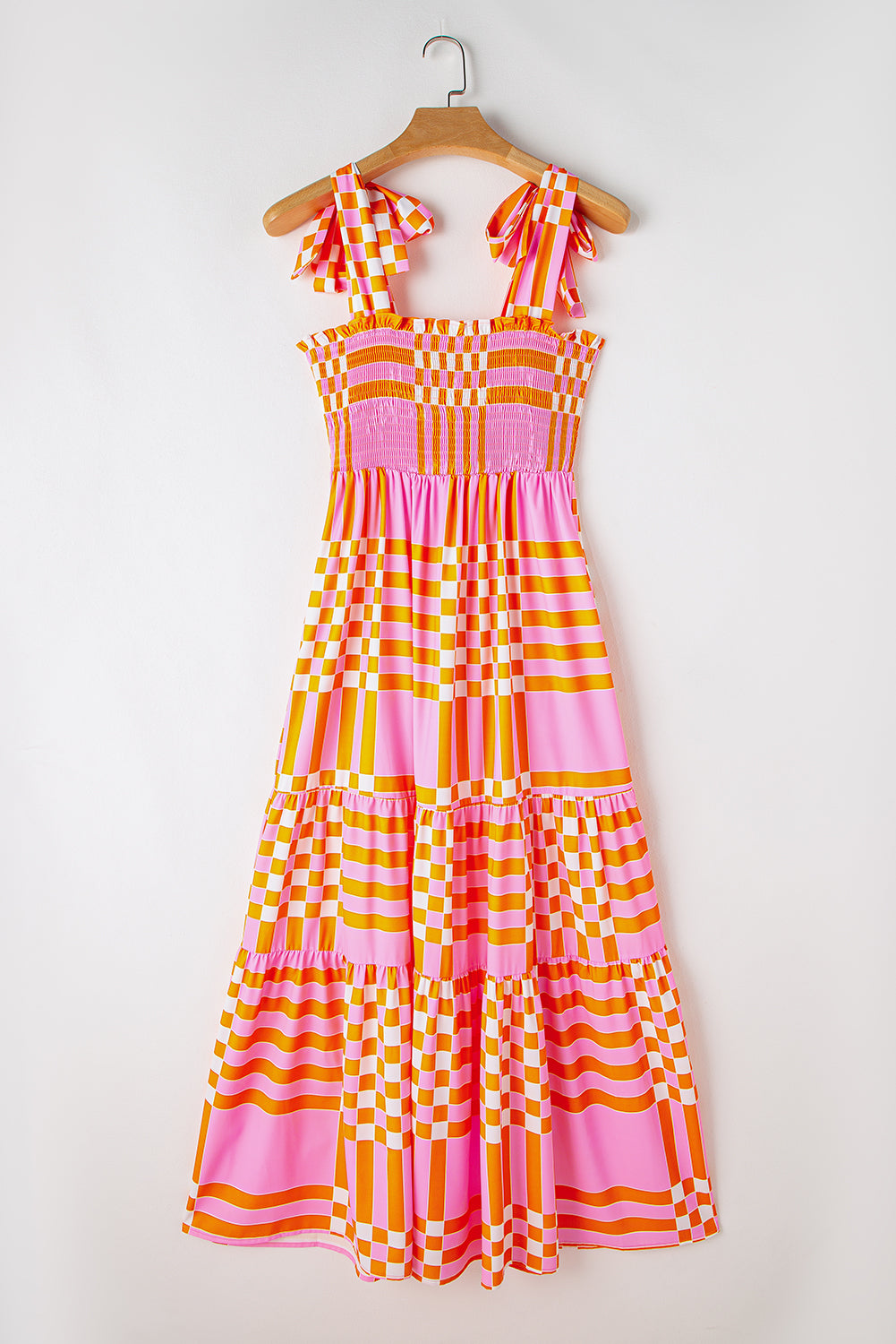 Boho Gingham Tied Straps Smocked Maxi Dress | Pink