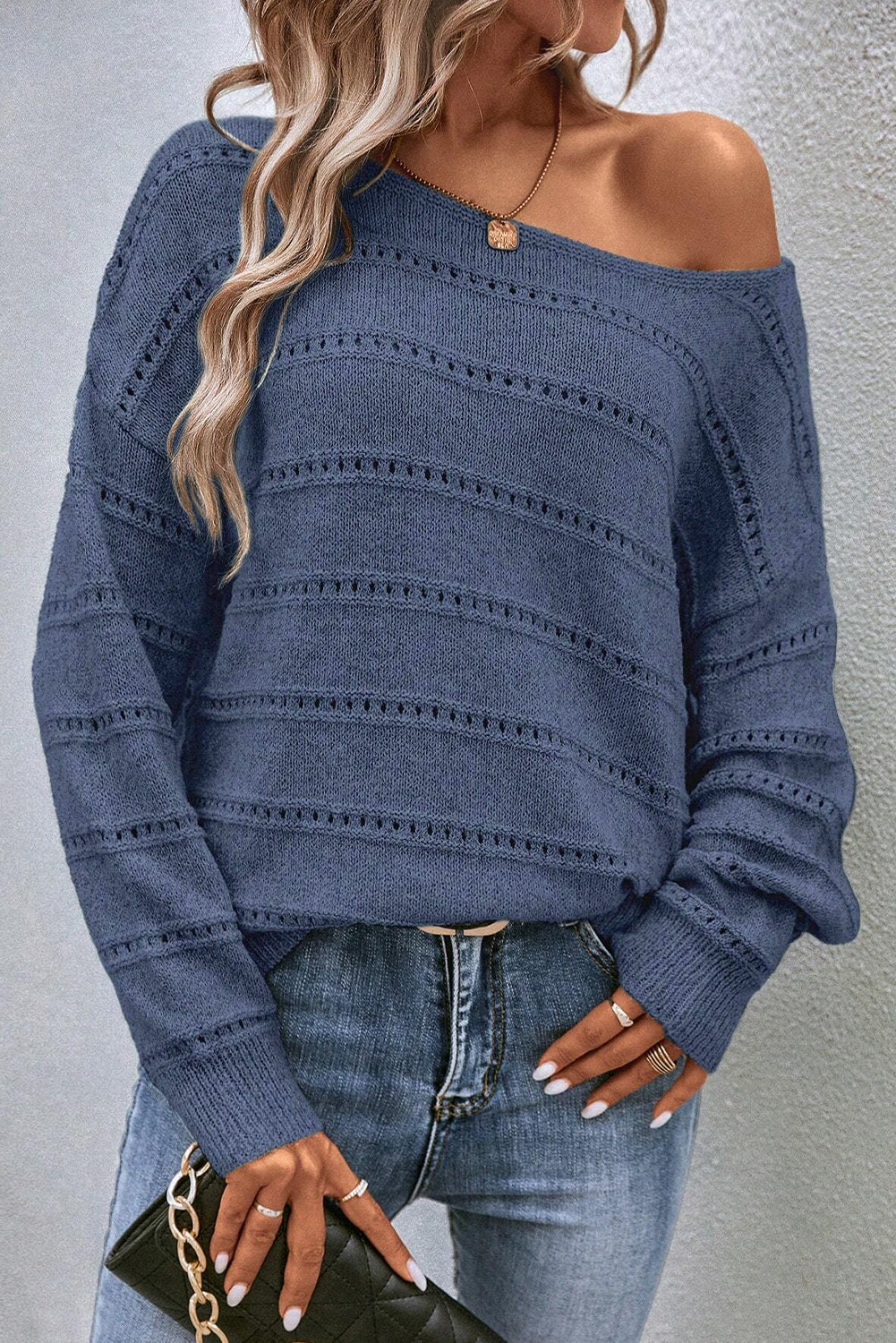 Boat Neck Drop Shoulder Pointelle Knit Sweater | Real Teal