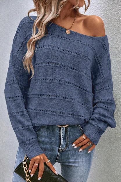 Boat Neck Drop Shoulder Pointelle Knit Sweater | Real Teal