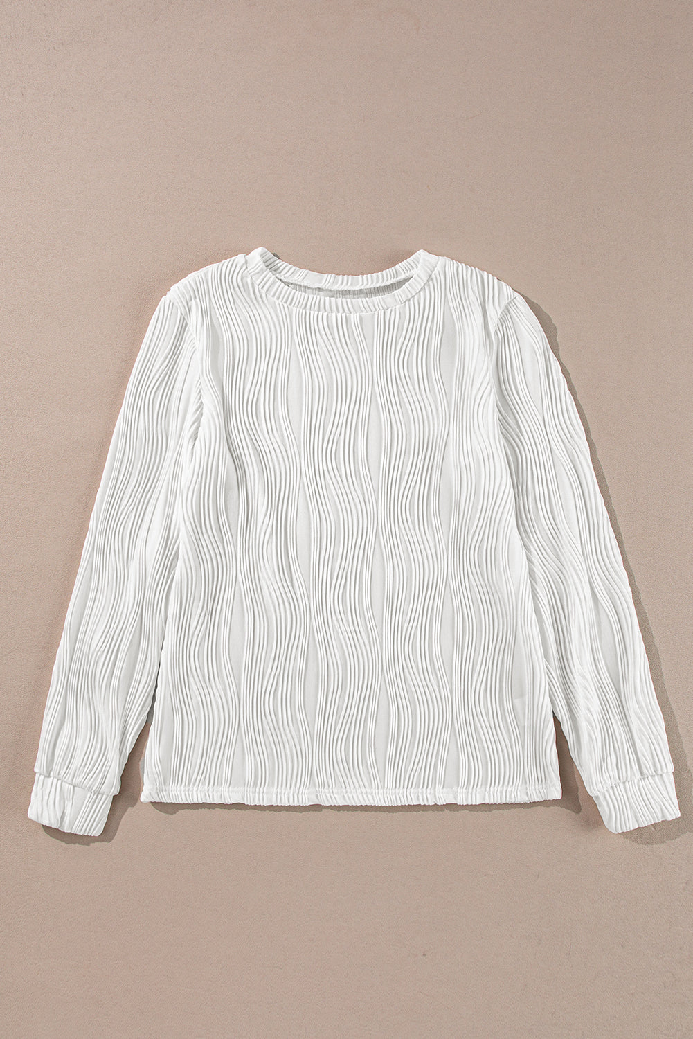 Textured Wavy Round Neck Long Sleeve Top | White