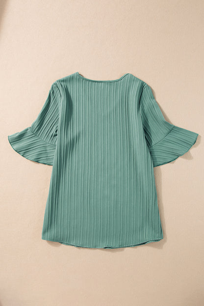 Ruffled Half Sleeve V Neck Textured Top | Grass Green