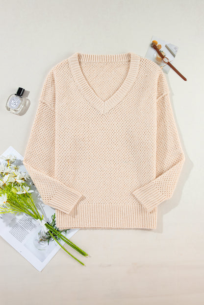 Loose Eyelet V Neck Drop Shoulder Sweater | Parchment