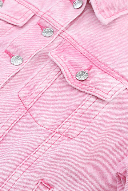 Acid Wash Button Flap Pocket Denim Jacket | Pink