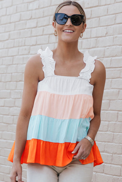 Frill Straps Colour Block Tiered Tank Top | White