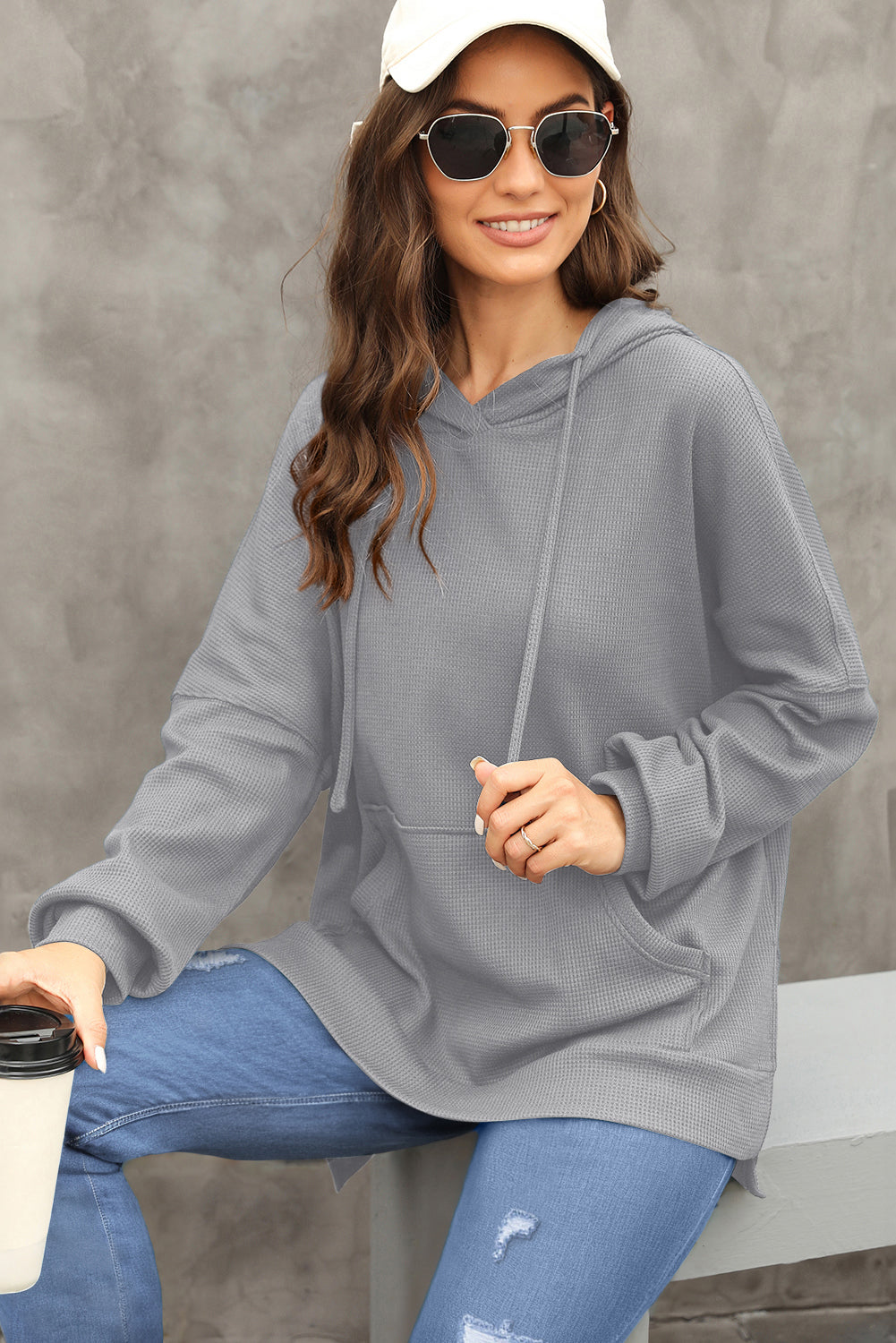 Waffle Knit Fleece Lined High Low Oversized Hoodie | Gray