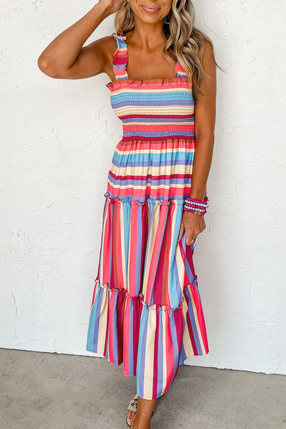 Red Stripe Ruffled Straps Smocked Tiered Long Dress