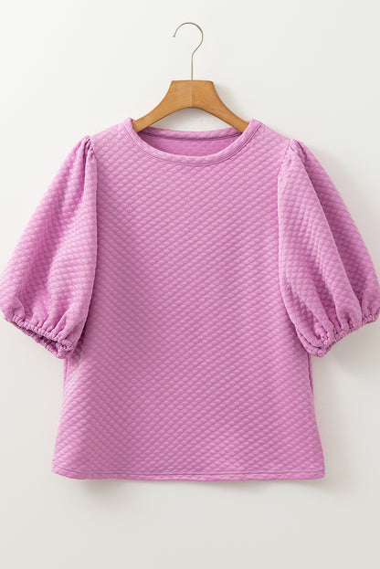 Solid Textured O Neck Puff Sleeve Blouse | Phalaenopsis