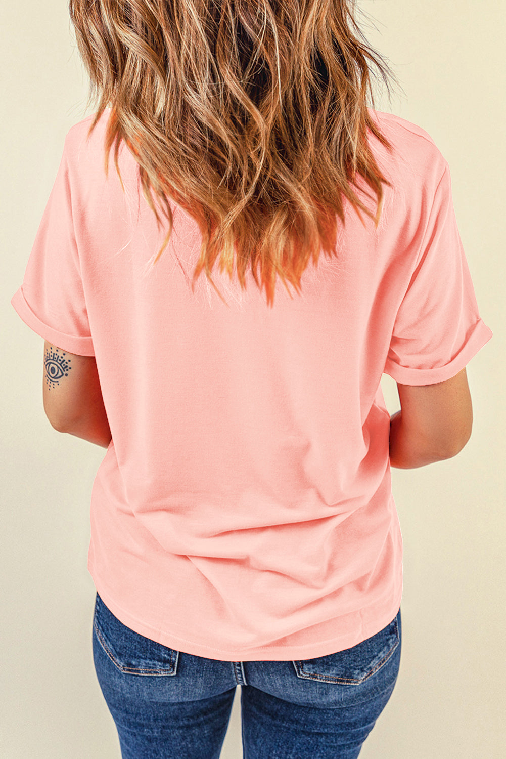 Glittering Chenille Flower Patched Pattern Crewneck T Shirt | Pink