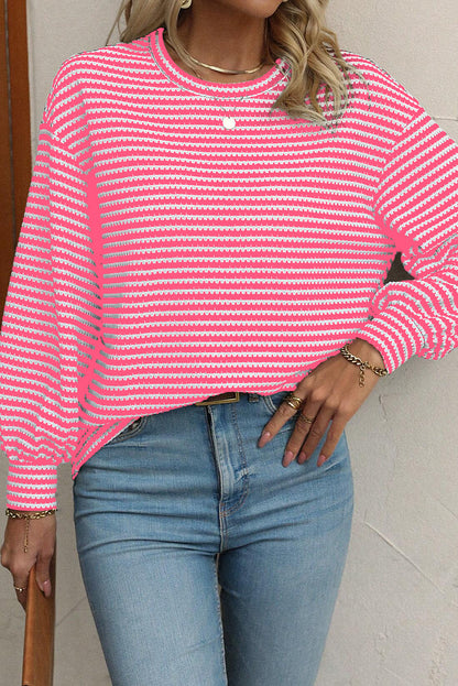 Round Neck Drop Shoulder Long Sleeve Top | Rose Stripe