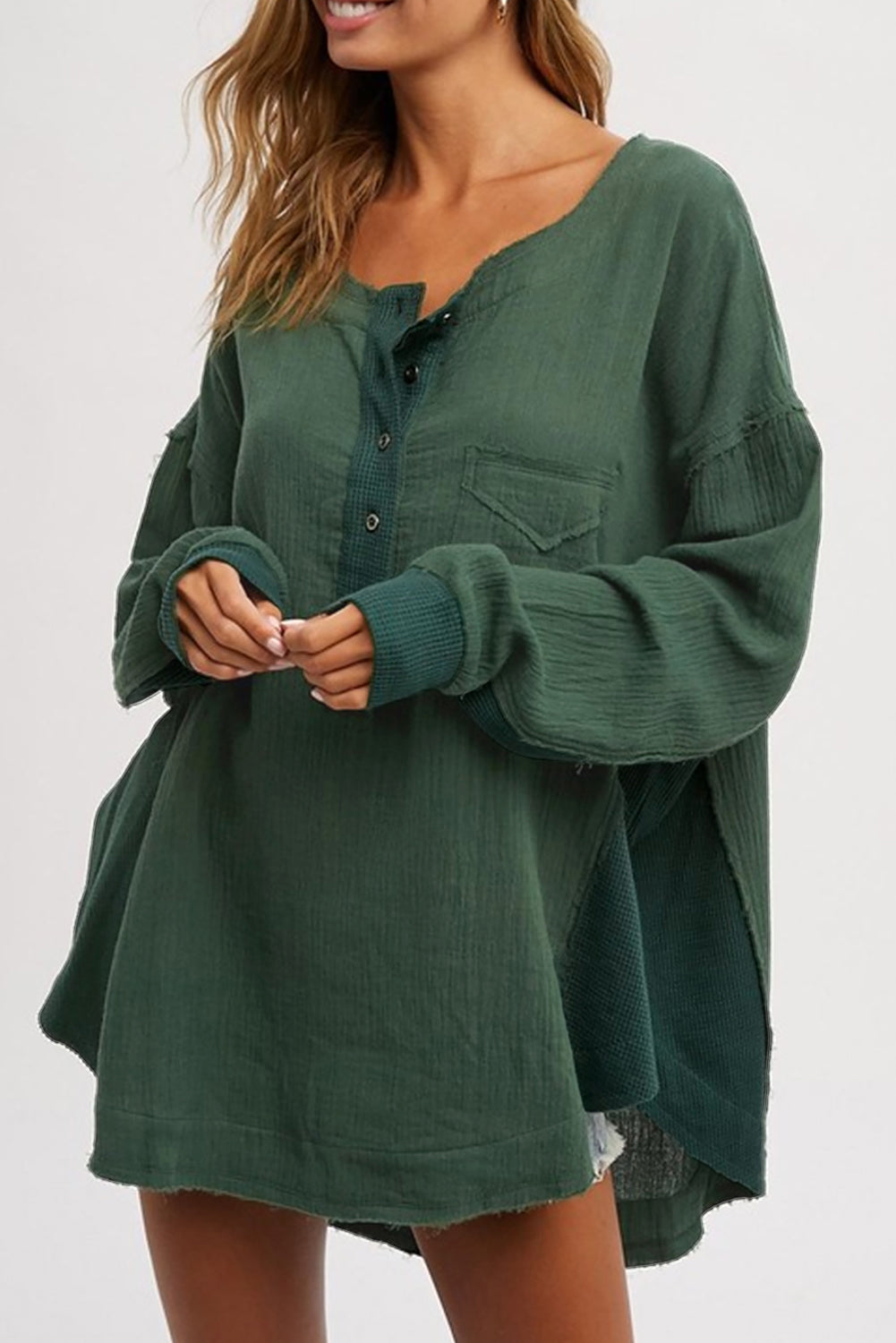 Green Textured Waffle Knit Patchwork Buttoned Neck Loose Blouse