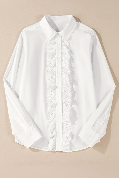 Lace Crochet Trim Turn Down Collar Buttoned Shirt | White