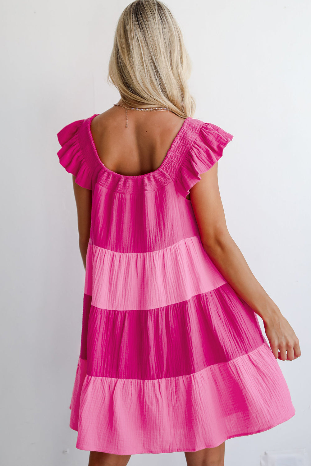 Crinkled Colourblock Patchwork Flutter Tiered Mini Dress | Pink