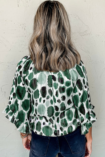 Metallic Threading Accents Pleated Abstract Printed Ruffled 3/4 Sleeve Blouse | Green