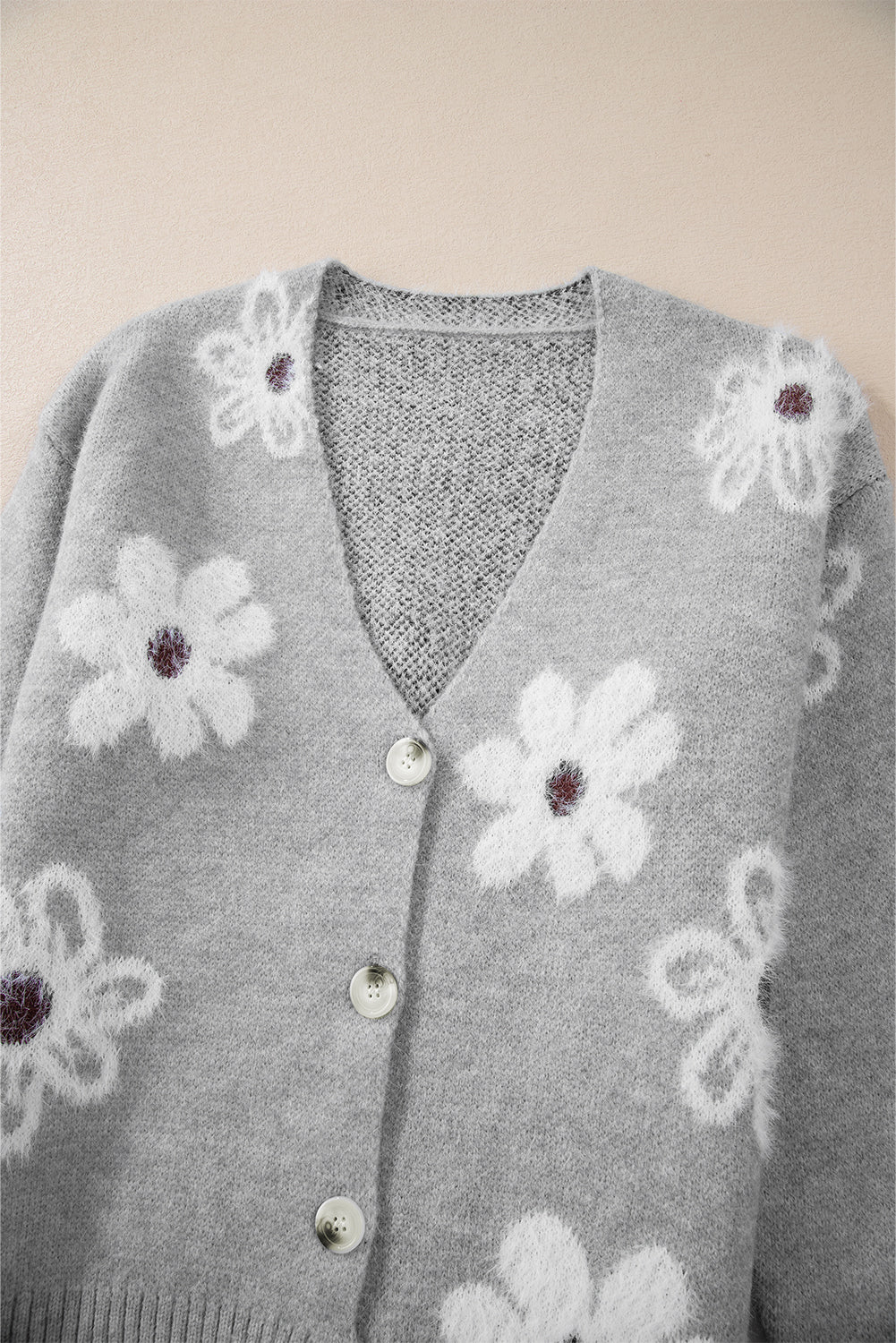 Floral Print V Neck Knitted Button Up Cardigan | Light Grey