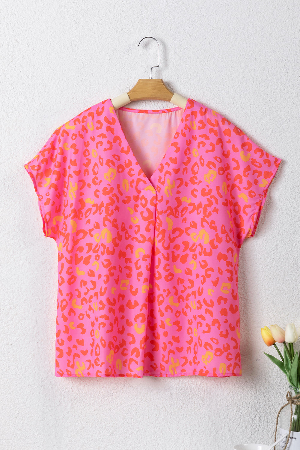 Leopard V Neck Short Sleeve Blouse | Pink