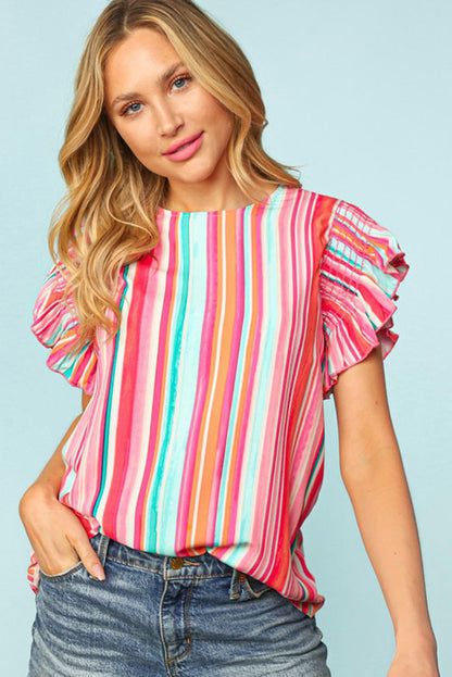 Abstract Print Stitching Ruffle Sleeve Blouse | Stripe