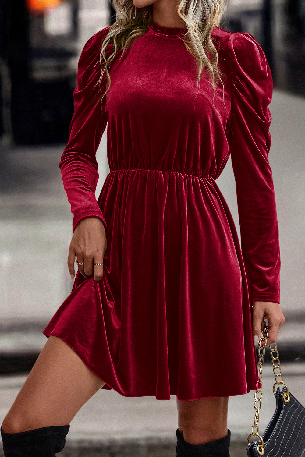 Velvet Frilled Neck Gigot Sleeve Swing Dress | Red Dahlia