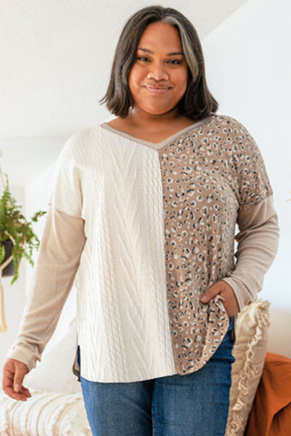 Plus Size Leopard Patchwork Mix Knit Long Sleeve Top | Gray