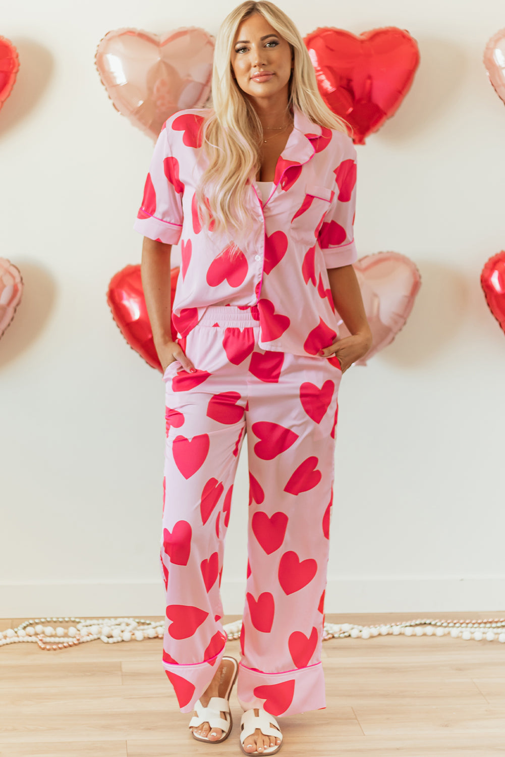 Classic Heart Valentines Short Sleeve Pants Pajamas Set | Pink