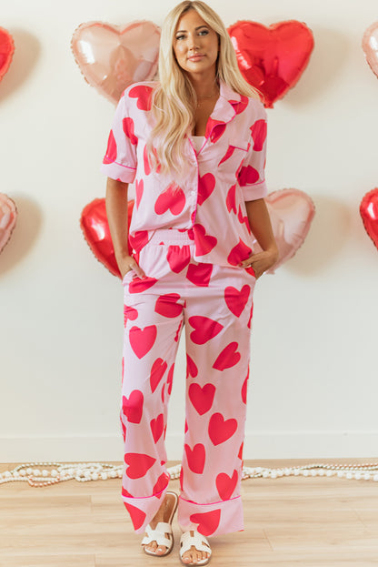 Classic Heart Valentines Short Sleeve Pants Pajamas Set | Pink