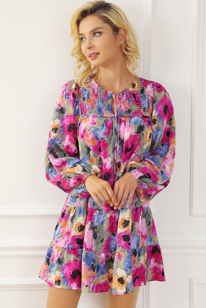 Floral Tie Neck Bubble Sleeve Shift Dress | Multicolour