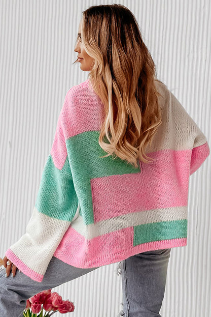 Colourblock Drop Shoulder Bell Sleeve Sweater | Pink