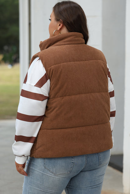 Corduroy Stand Neck Zipped Puffer Vest | Coffee