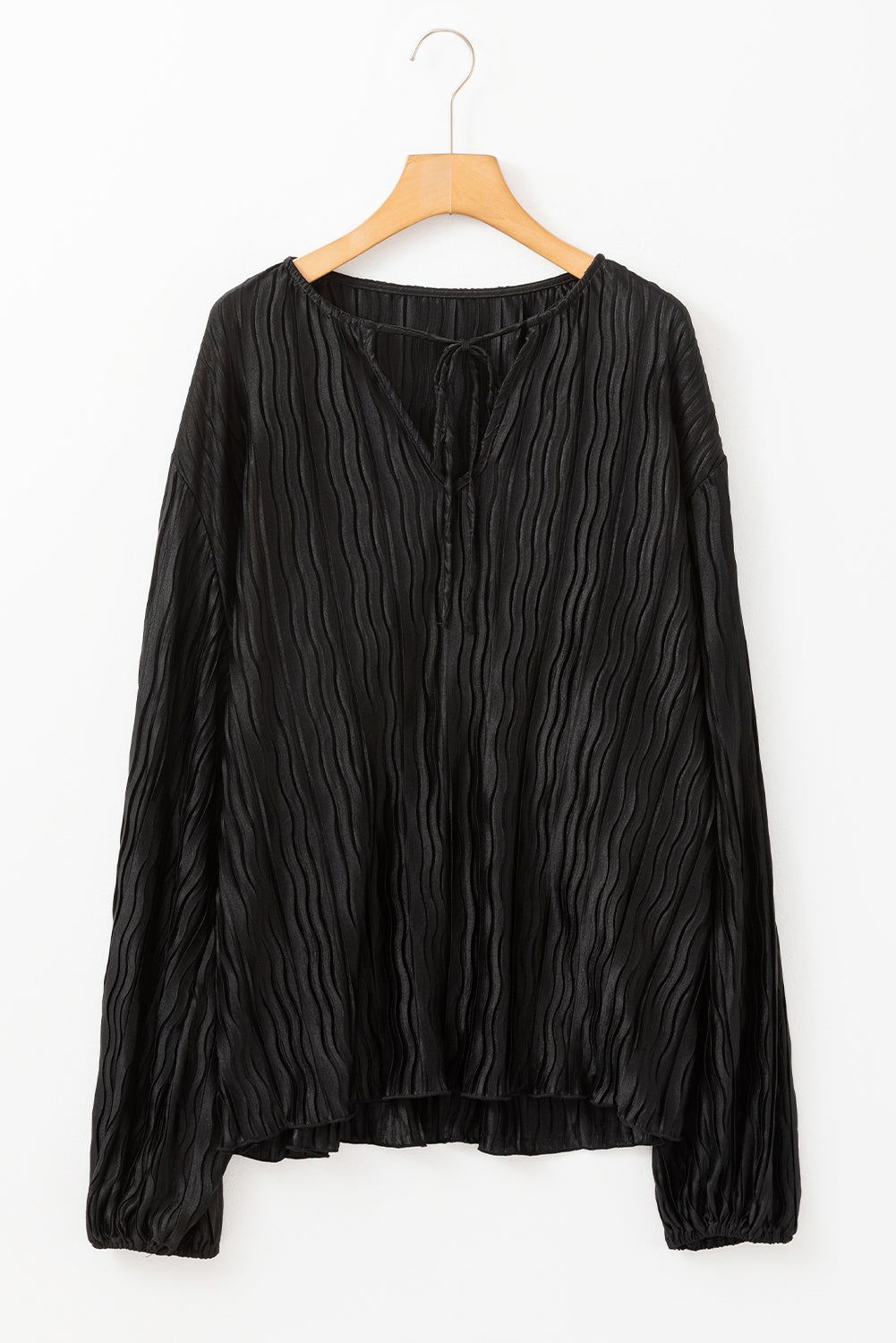 Textured Bubble Sleeve V Neck Loose Blouse | Black