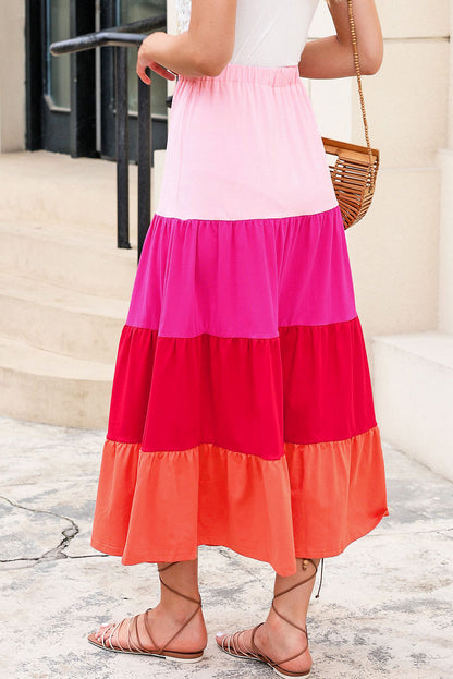 Colour Block Tiered Drawstring High Waist Maxi Skirt | Pink