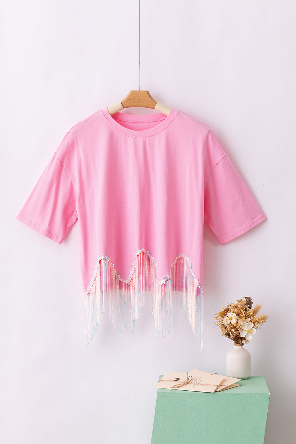 Fringed Sequin Crop T-Shirt | Pink