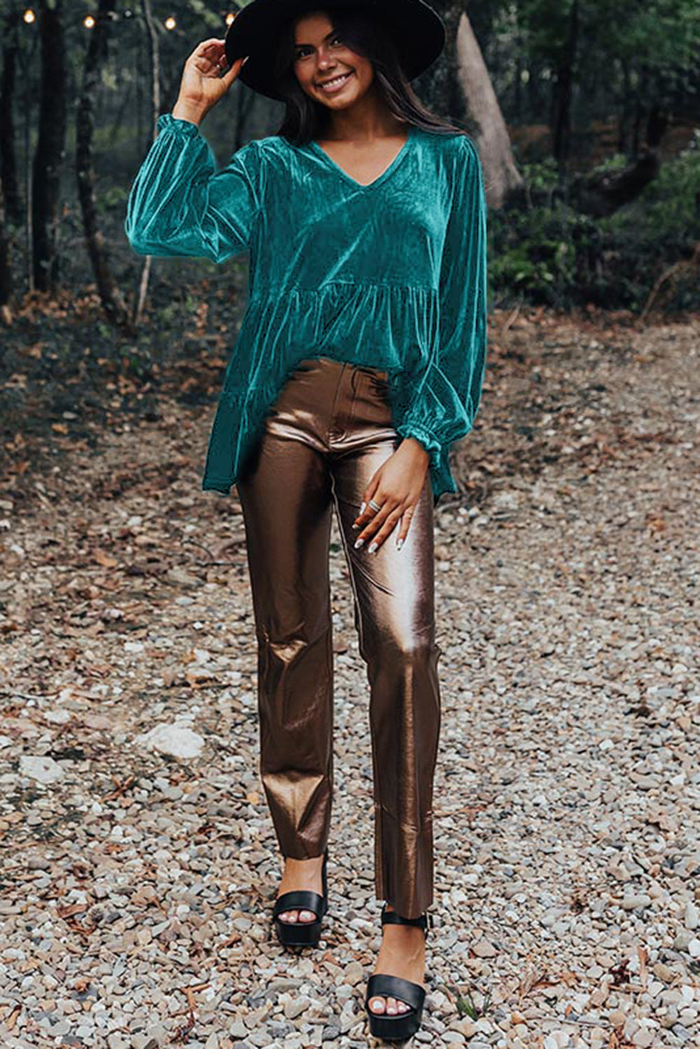 Velvet V Neck Peplum Hem Puff Sleeve Blouse | Sea Green