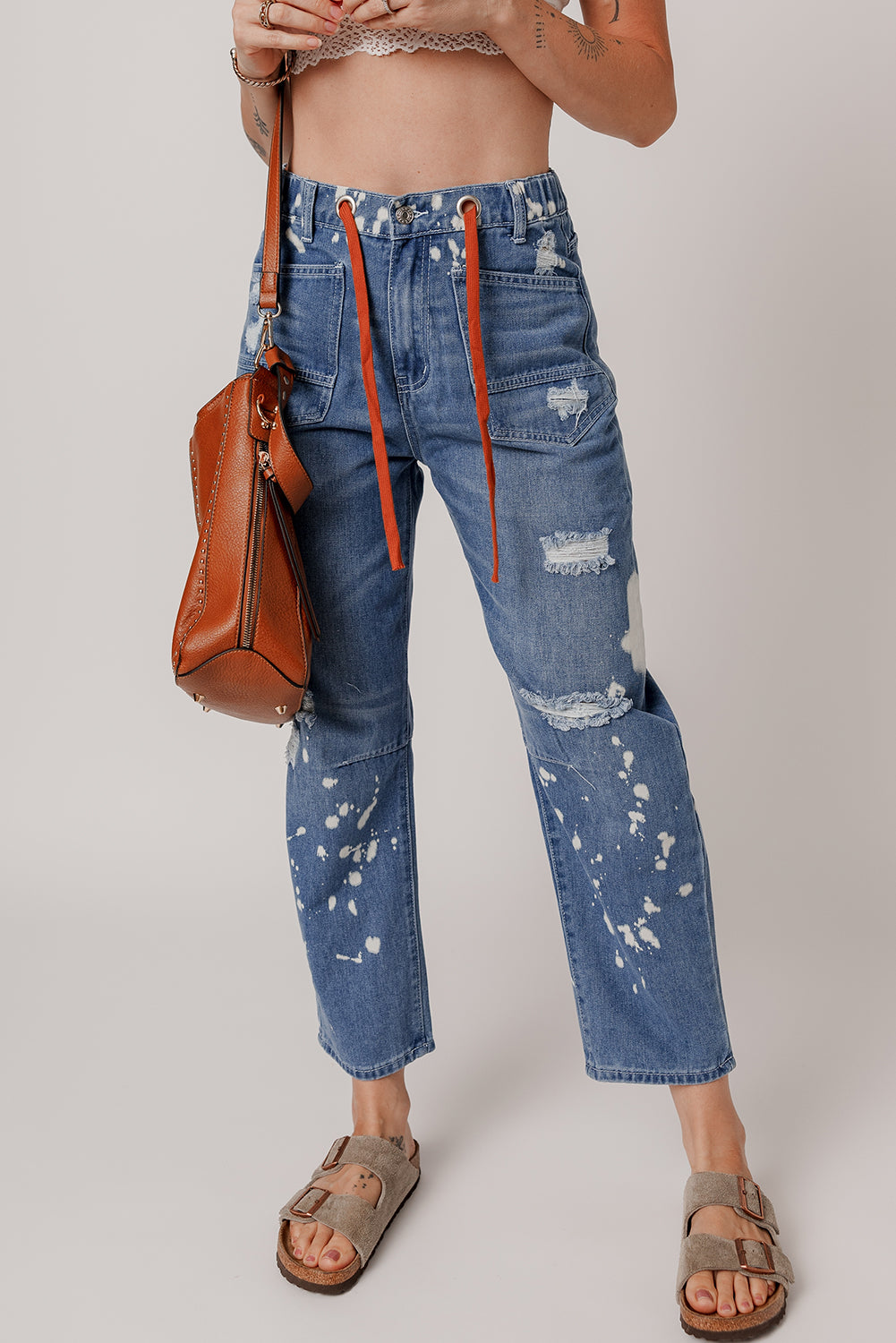 Ripped Splattering Paint Rope Waist Cropped Straight Jeans | Ashleigh Blue